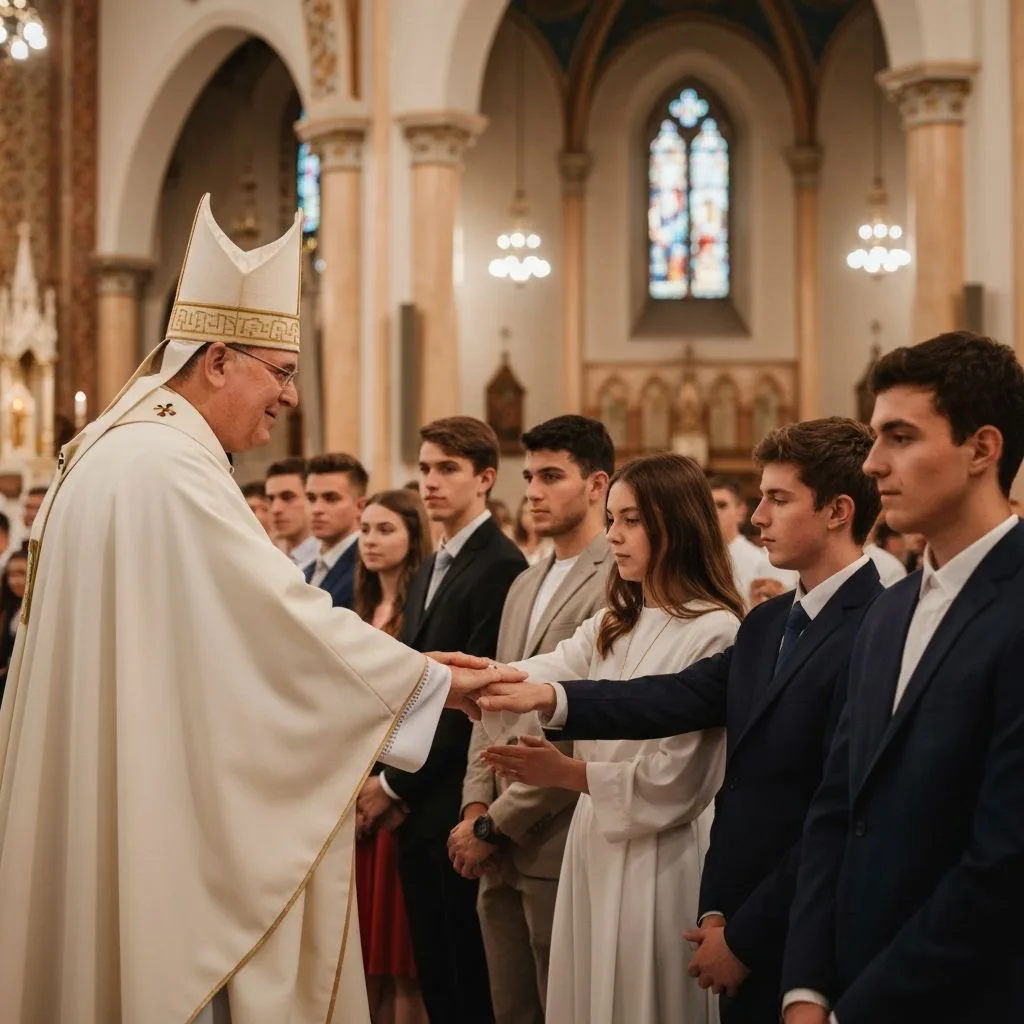 catholic confirmation ceremony bishop laying hands